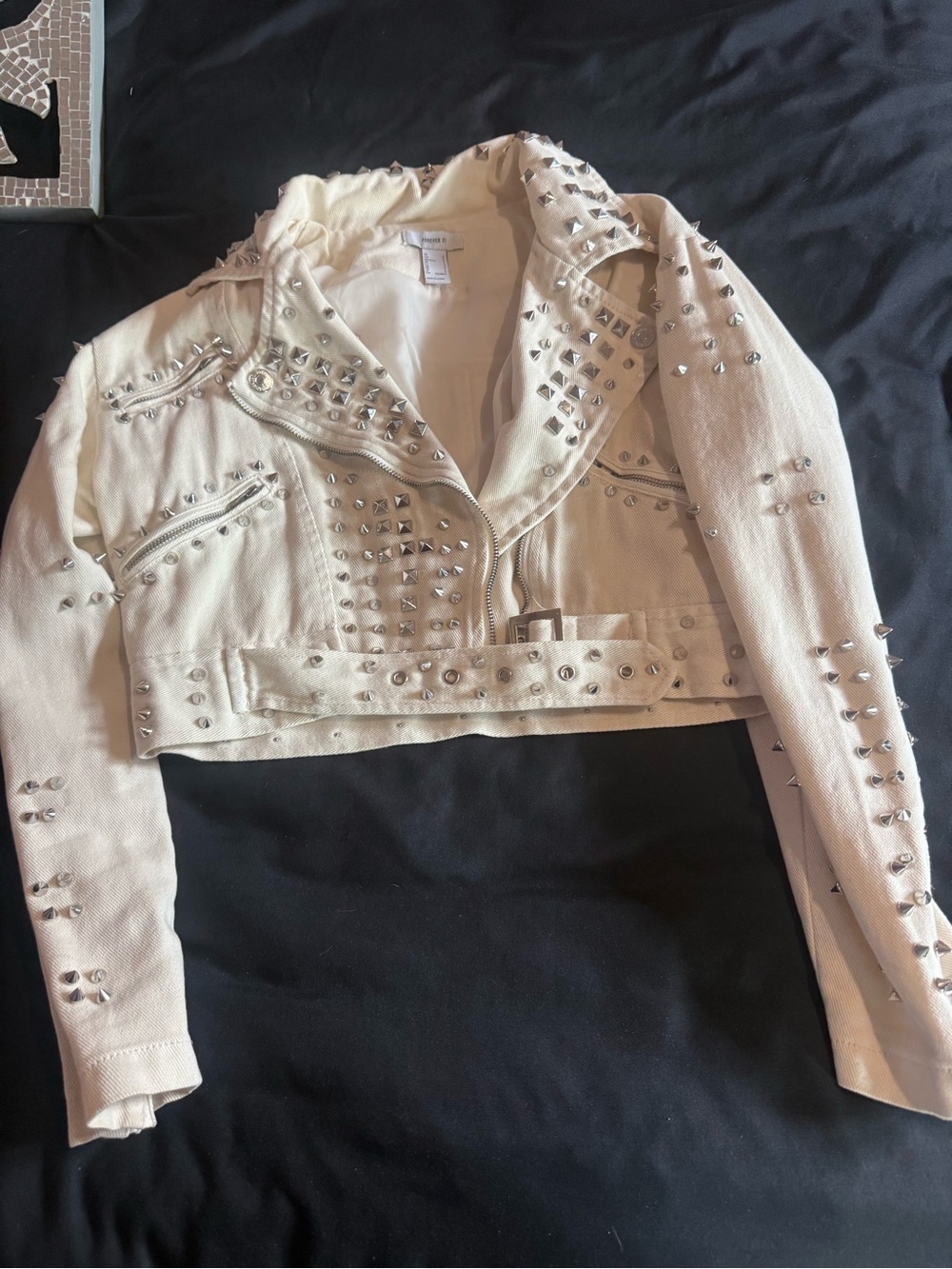 Forever 21 Cream Studded Cropped Moto Jacket